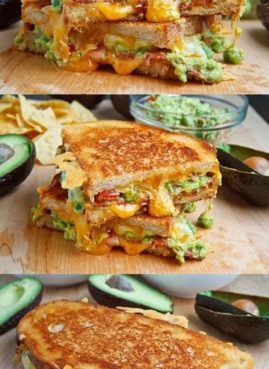 Bacon guacamole grilled cheese sandwich with melted cheese and fresh ingredients