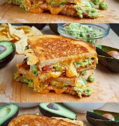 Bacon guacamole grilled cheese sandwich with melted cheese and fresh ingredients