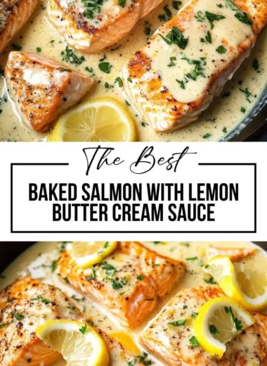 Baked salmon fillet drizzled with lemon butter cream sauce
