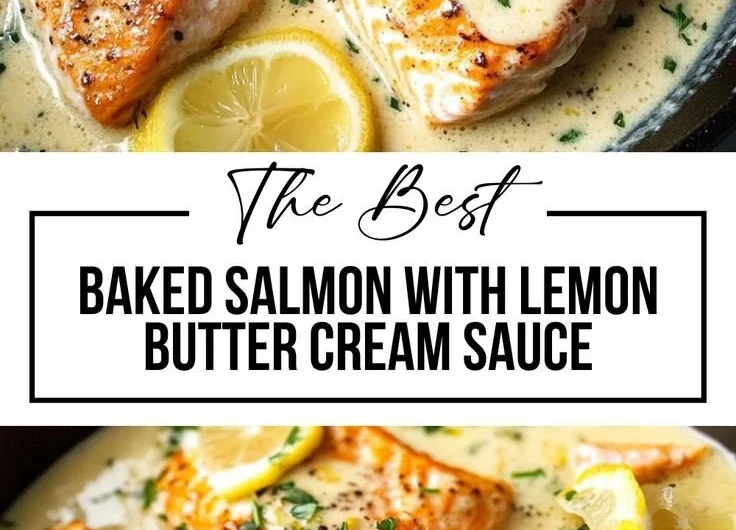 Baked salmon fillet drizzled with lemon butter cream sauce