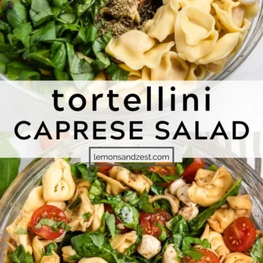 Caprese Tortellini Salad with fresh basil, mozzarella, and tomatoes.
