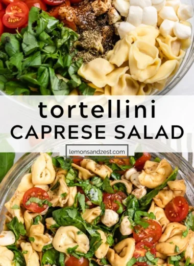 Caprese Tortellini Salad with fresh basil, mozzarella, and tomatoes.