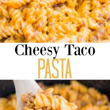 Dish of cheesy taco pasta topped with cheese and fresh herbs