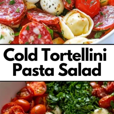 Cold tortellini pasta salad with fresh vegetables and dressing