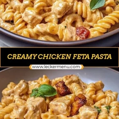 Creamy chicken feta pasta dish served in a bowl, garnished with herbs.