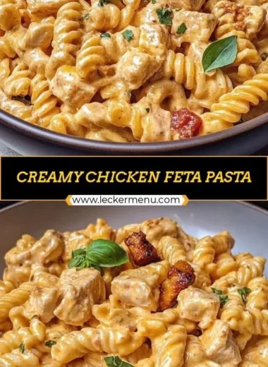 Creamy chicken feta pasta dish served in a bowl, garnished with herbs.