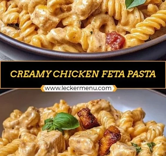 Creamy chicken feta pasta dish served in a bowl, garnished with herbs.