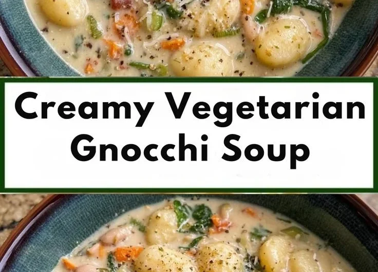 Creamy vegetarian gnocchi soup in a bowl with fresh herbs