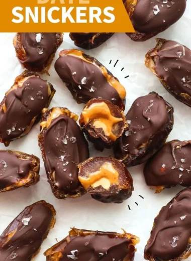 A plate of homemade Date Snickers bars, a healthy dessert alternative.