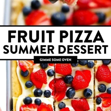 Delicious easy fruit pizza topped with fresh fruits and creamy frosting