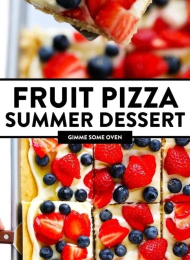 Delicious easy fruit pizza topped with fresh fruits and creamy frosting
