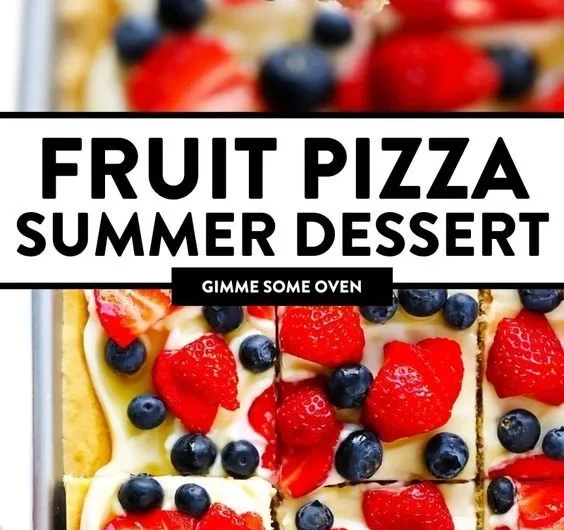 Delicious easy fruit pizza topped with fresh fruits and creamy frosting