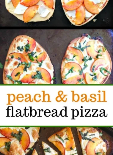 Delicious peach basil naan bread pizza topped with fresh ingredients
