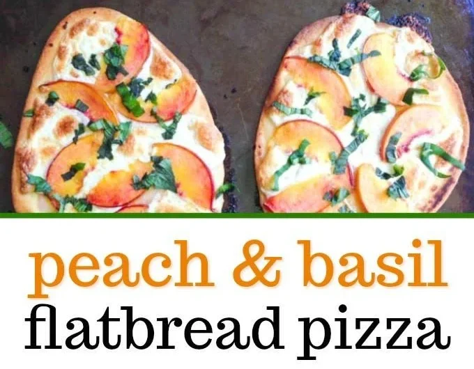Delicious peach basil naan bread pizza topped with fresh ingredients