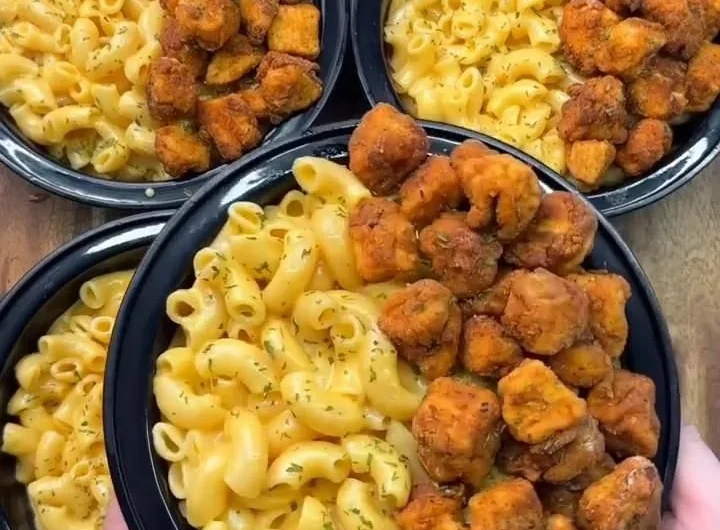 Delicious High-Protein KFC Chicken Mac & Cheese dish served in a bowl.