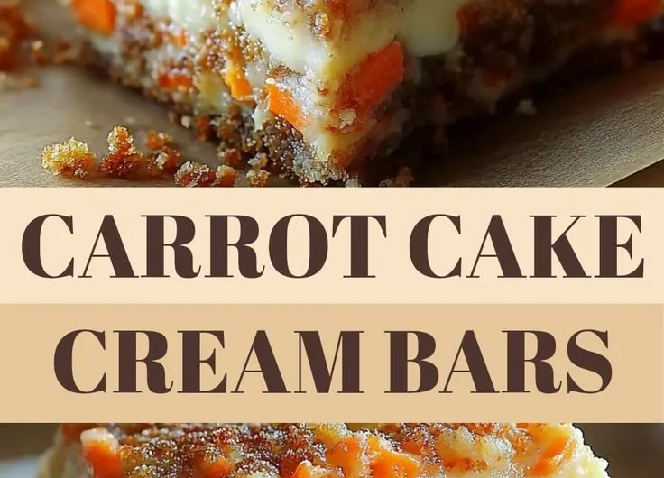 Delicious carrot cake cream cheese bars topped with frosting and nuts.