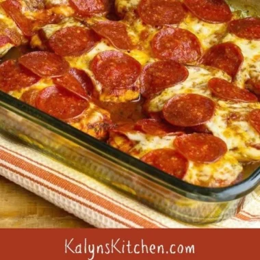 Low-Carb Pepperoni Pizza Chicken Bake topped with cheese and pepperoni slices.