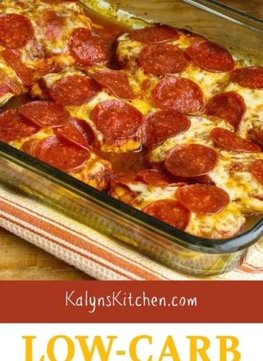 Low-Carb Pepperoni Pizza Chicken Bake topped with cheese and pepperoni slices.