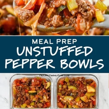Colorful unstuffed pepper bowls ready for meal prep, filled with healthy ingredients.