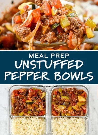 Colorful unstuffed pepper bowls ready for meal prep, filled with healthy ingredients.