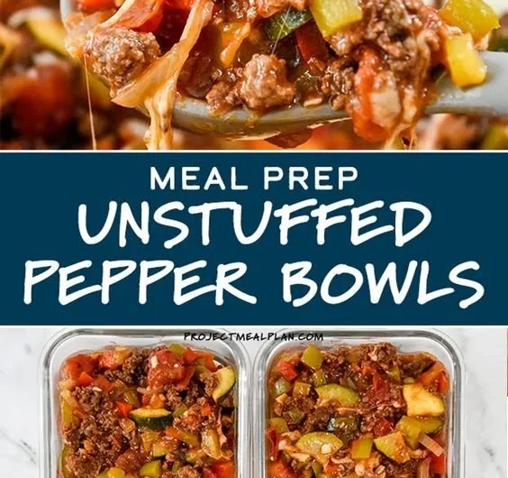 Colorful unstuffed pepper bowls ready for meal prep, filled with healthy ingredients.