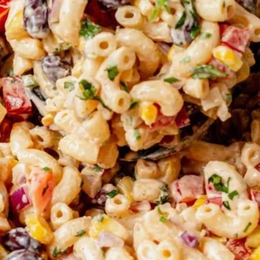 Colorful Mexican Macaroni Salad with fresh vegetables and spices