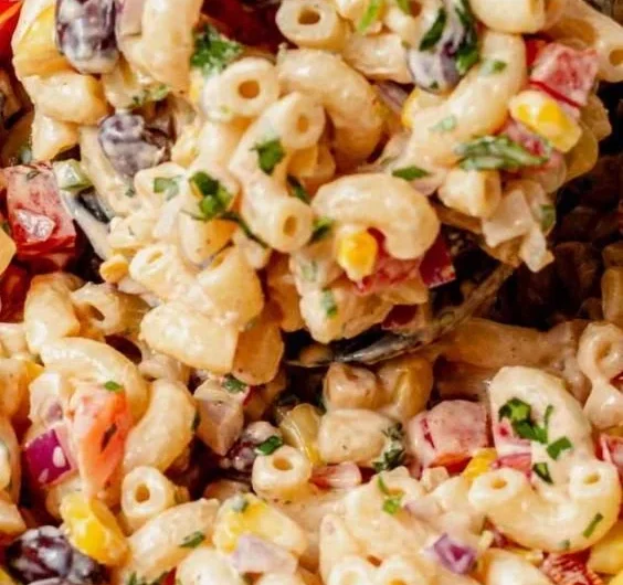 Colorful Mexican Macaroni Salad with fresh vegetables and spices