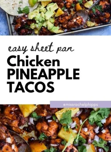 One pan chicken and pineapple tacos ready to serve on a plate.