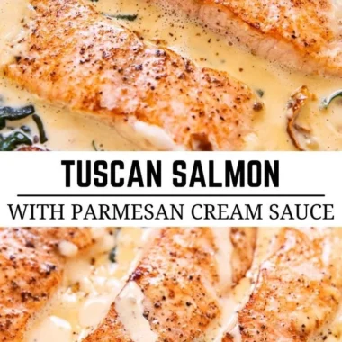 Pan-seared salmon fillet topped with creamy Parmesan sauce on a plate.