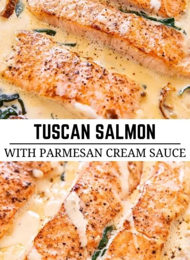 Pan-seared salmon fillet topped with creamy Parmesan sauce on a plate.