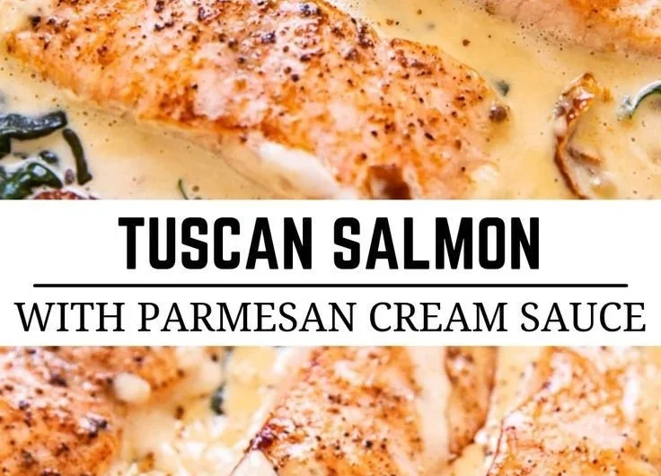 Pan-seared salmon fillet topped with creamy Parmesan sauce on a plate.