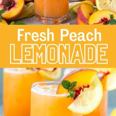 Image of a refreshing peach lemonade drink served in a glass with ice and fresh peaches