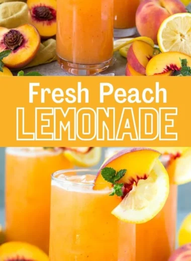 Image of a refreshing peach lemonade drink served in a glass with ice and fresh peaches