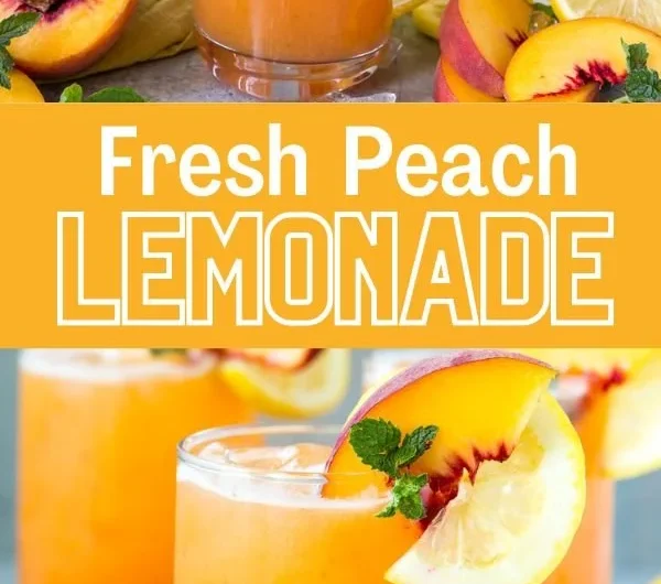 Image of a refreshing peach lemonade drink served in a glass with ice and fresh peaches
