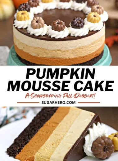 Delicious Pumpkin Chocolate Mousse Cake topped with chocolate drizzle and pumpkin decor