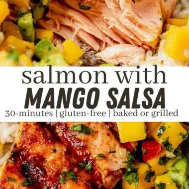 Grilled salmon topped with colorful mango salsa on a white plate