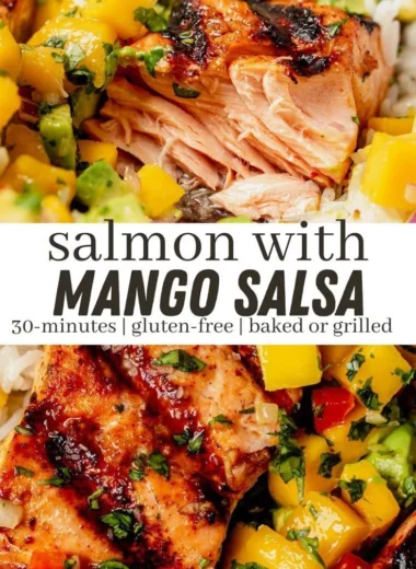 Grilled salmon topped with colorful mango salsa on a white plate