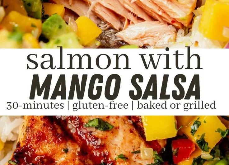 Grilled salmon topped with colorful mango salsa on a white plate