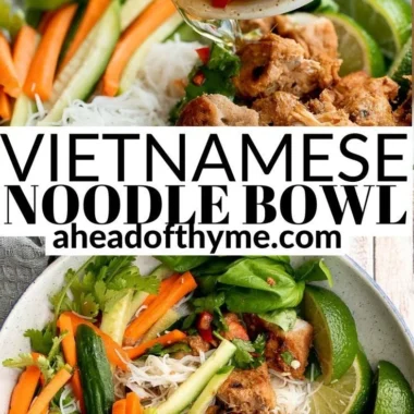 Delicious Vietnamese noodle bowl with lemongrass chicken and fresh herbs