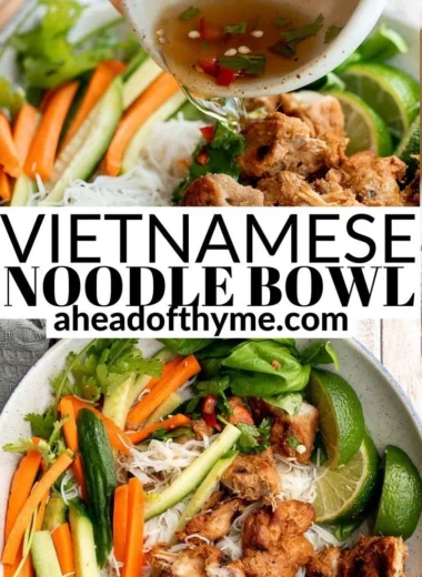 Delicious Vietnamese noodle bowl with lemongrass chicken and fresh herbs