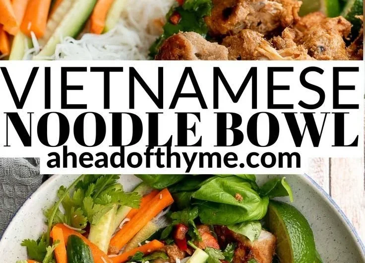Delicious Vietnamese noodle bowl with lemongrass chicken and fresh herbs