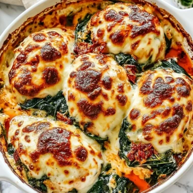 Baked Tuscan Chicken Casserole with herbs and vegetables in a dish