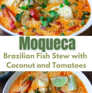 A bowl of Brazilian fish stew with fresh ingredients and spices.