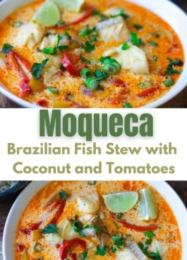 A bowl of Brazilian fish stew with fresh ingredients and spices.
