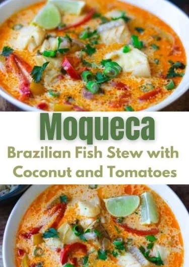A bowl of Brazilian fish stew with fresh ingredients and spices.