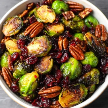 Brussels sprouts with bacon, pecans, cranberries, and balsamic glaze