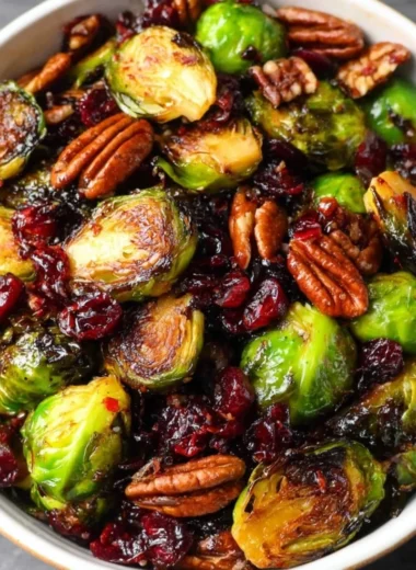 Brussels sprouts with bacon, pecans, cranberries, and balsamic glaze