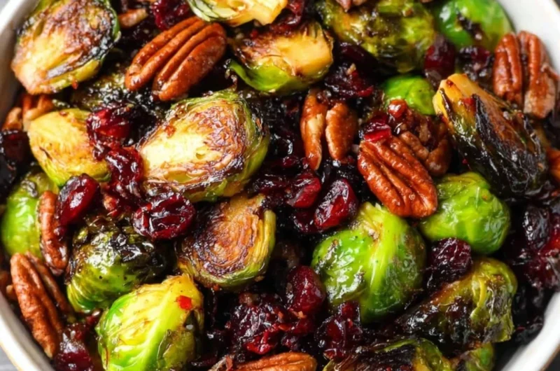 Brussels sprouts with bacon, pecans, cranberries, and balsamic glaze