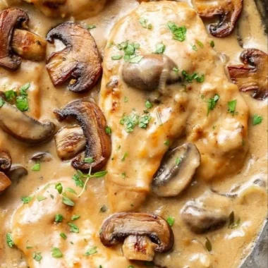 Delicious chicken skillet with mushrooms cooked in a frying pan