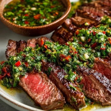 Grilled Chimichurri Steak served with fresh herbs and spices